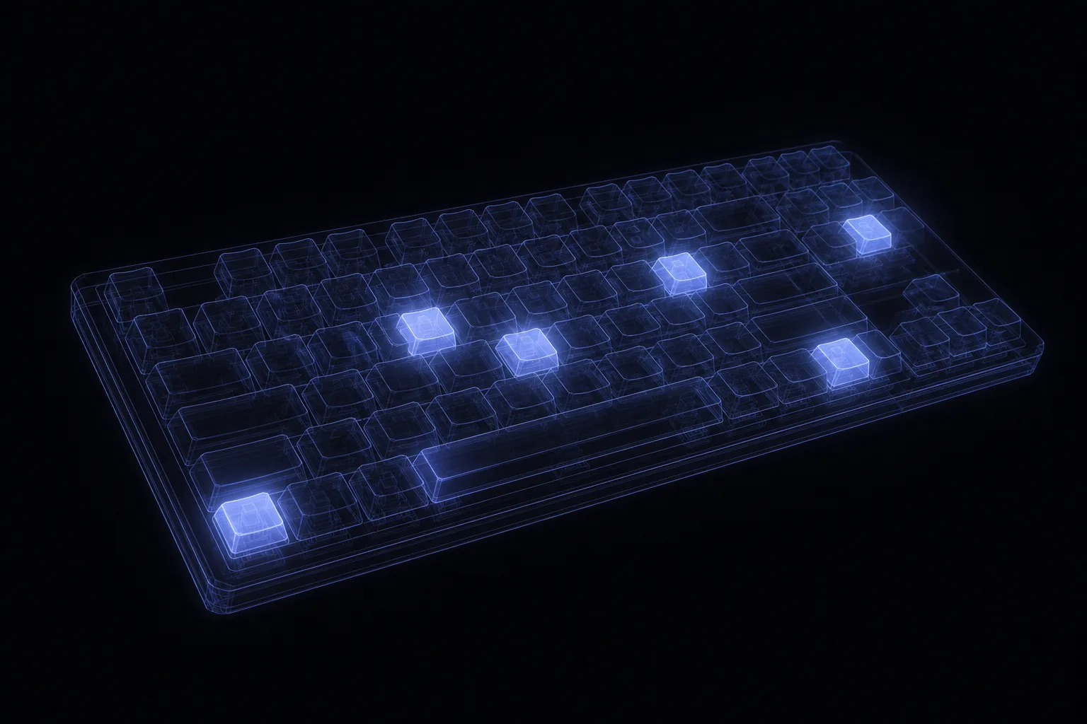 A translucent holographic wireframe keyboard with a few keys glowing as if pressed by nobody.